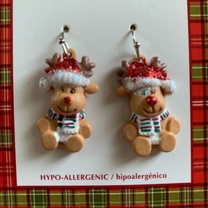 NWT HOLIDAY HYPO-ALLERGENIC SPARKLING RUDOLPH REINDEER WITH SANTA HAT EARRINGS